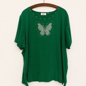 Quacker Factory Top Size 3X Knit Green Beaded & Pearl Butterfly T Artsy